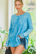 Washed Baby Waffle Oversized Long Sleeve Top--Deep Sky