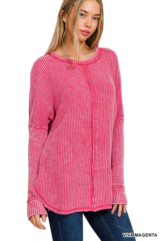 Washed Baby Waffle Oversized Long Sleeve Top--Viva Magenta