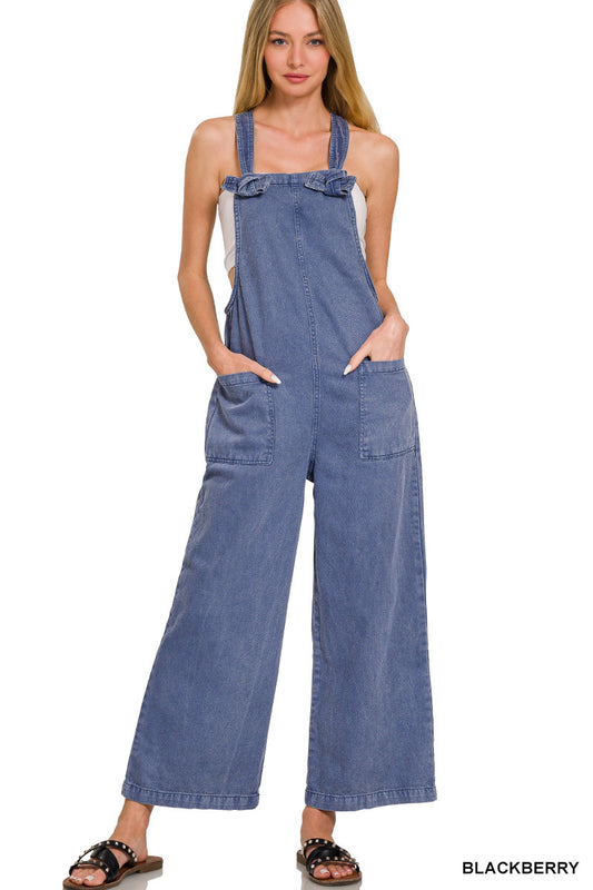 Washed Knot Strap Relaxed Fit Overalls--Blackberry