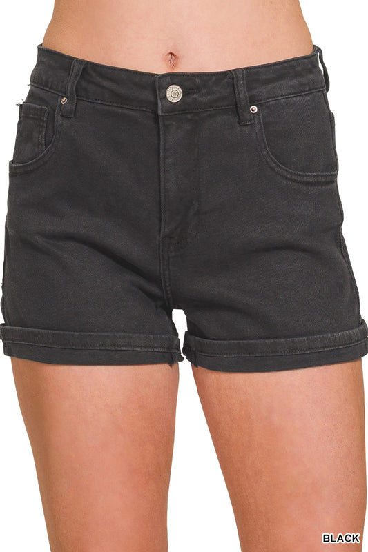 Black 5 Pocket Cuffed Shorts