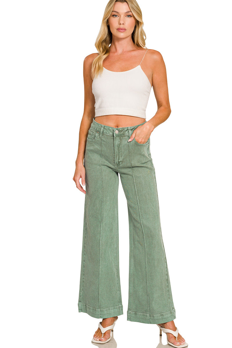 Olive High Rise Wide Leg Pintuck Pants