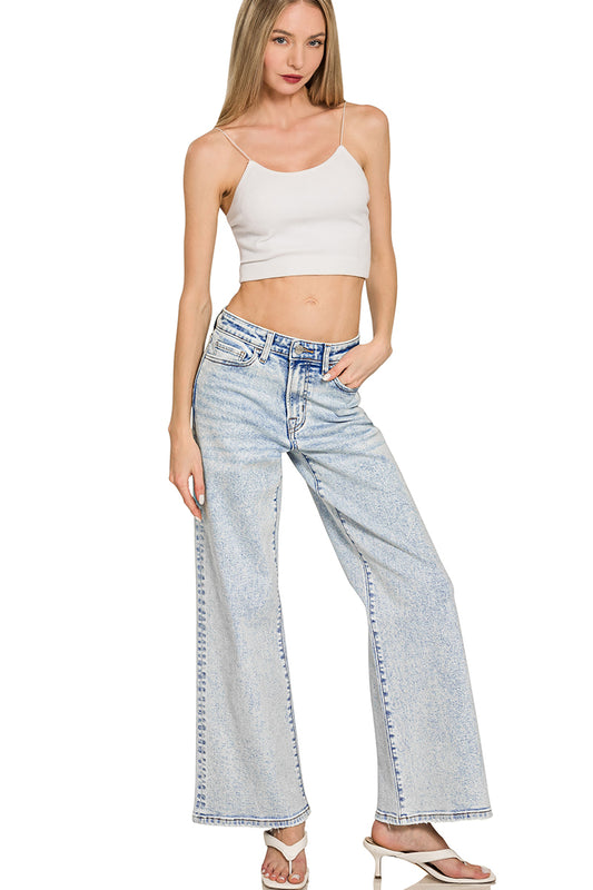 Zenana Light Wash Wide Leg Denim Pants