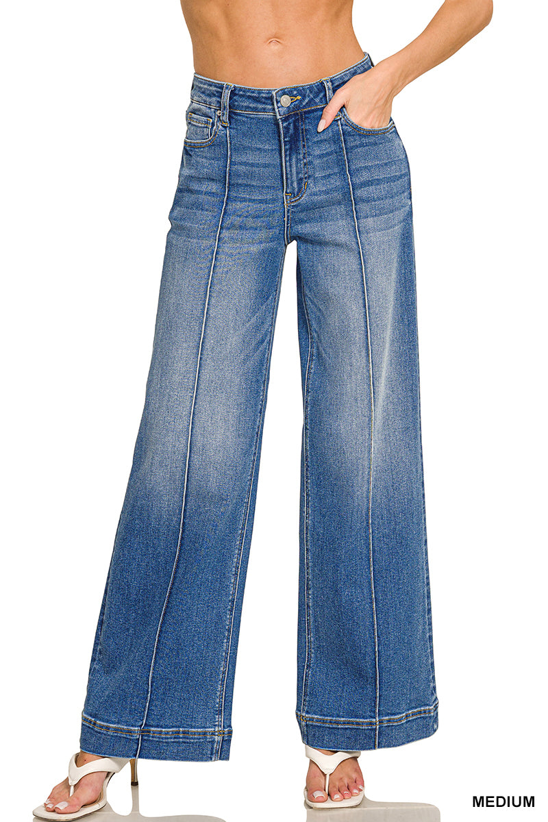 Wide Leg Pintuck Denim Pants