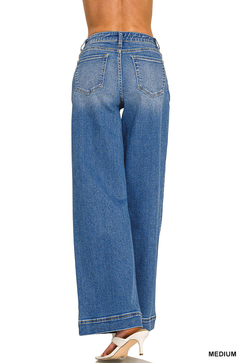 Wide Leg Pintuck Denim Pants