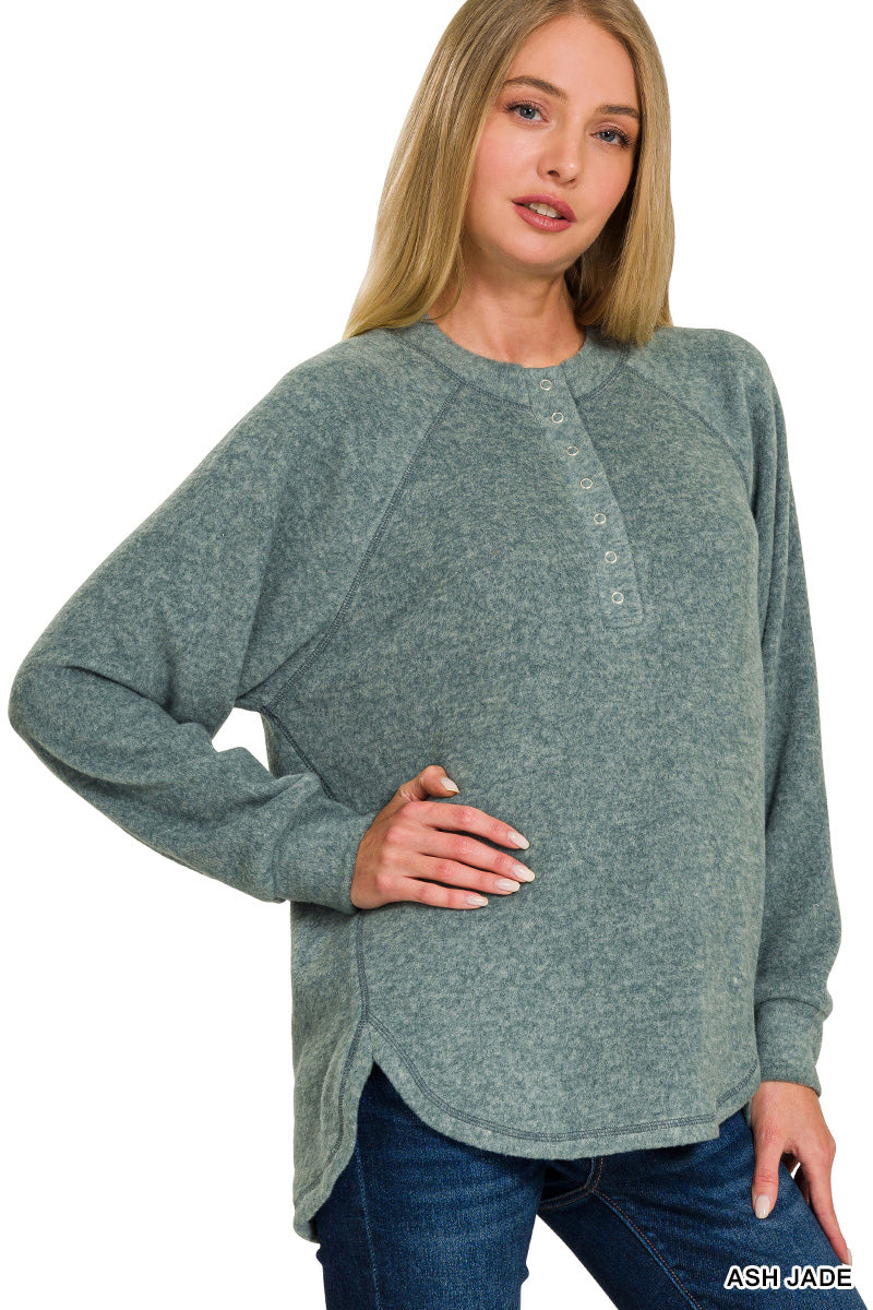 Brushed Melange Hacci Oversized 7-Button Henley Sweater--Ash Jade (PLUS ONLY)