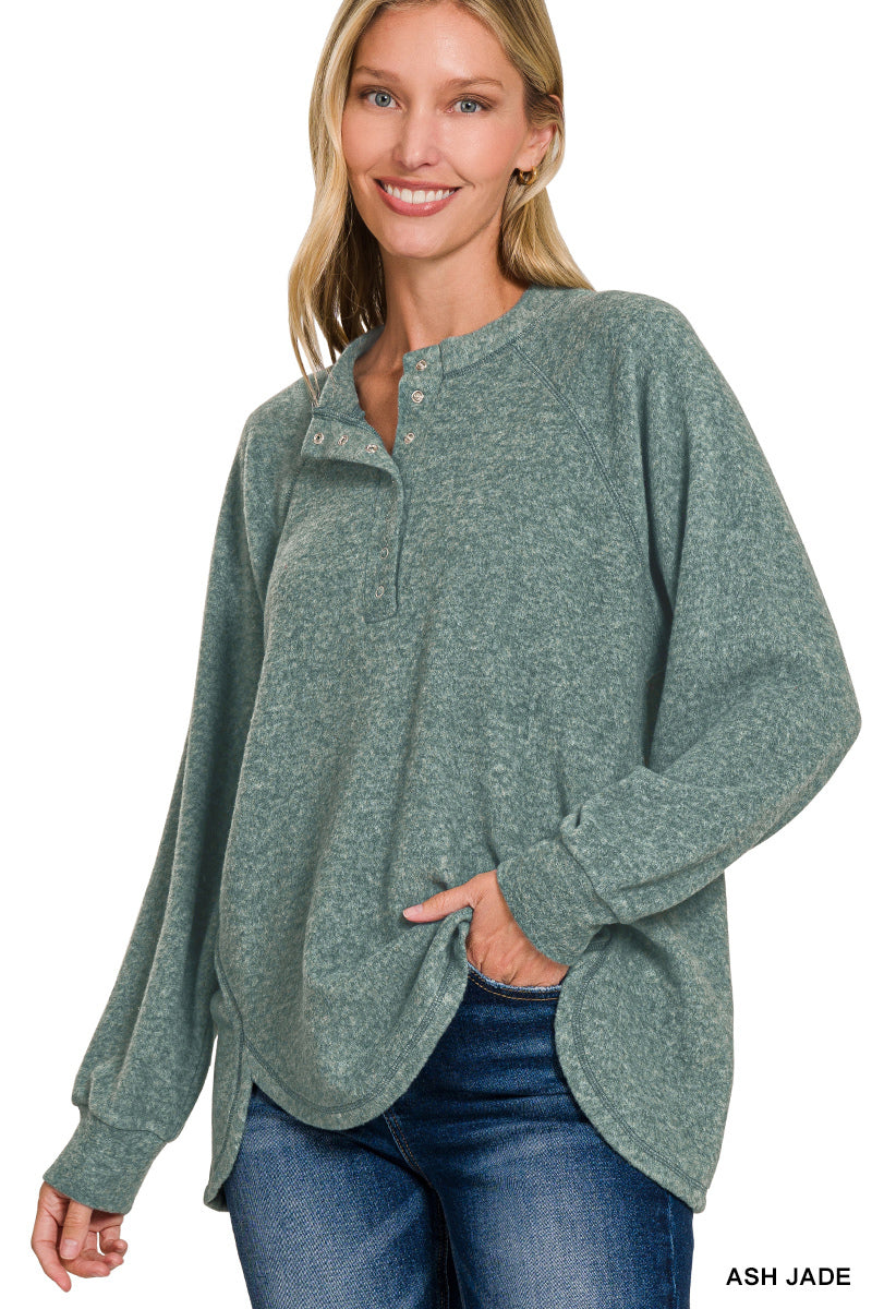 Brushed Melange Hacci Oversized 7-Button Henley Sweater--Ash Jade (PLUS ONLY)