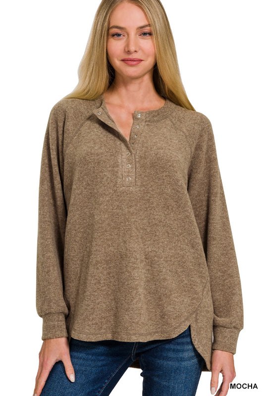 Brushed Melange Hacci Oversized 7-Button Henley Sweater--Mocha