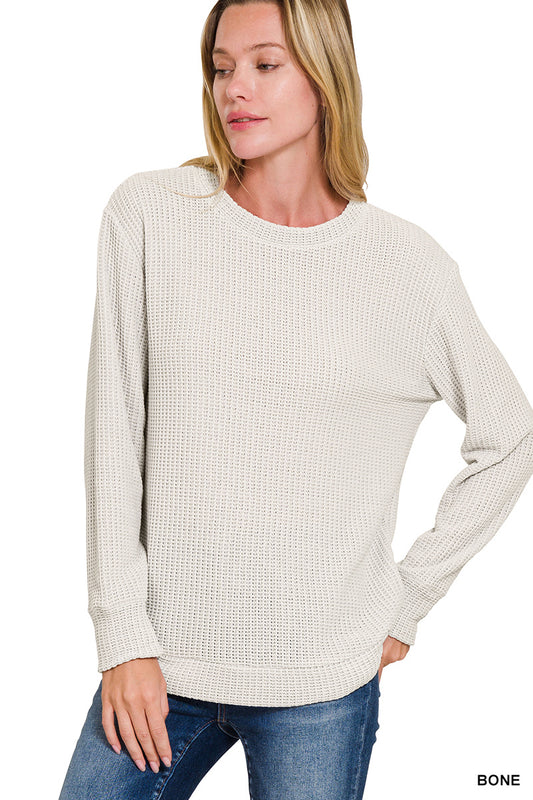 Chenille Waffle Round Neck Sweater--Bone