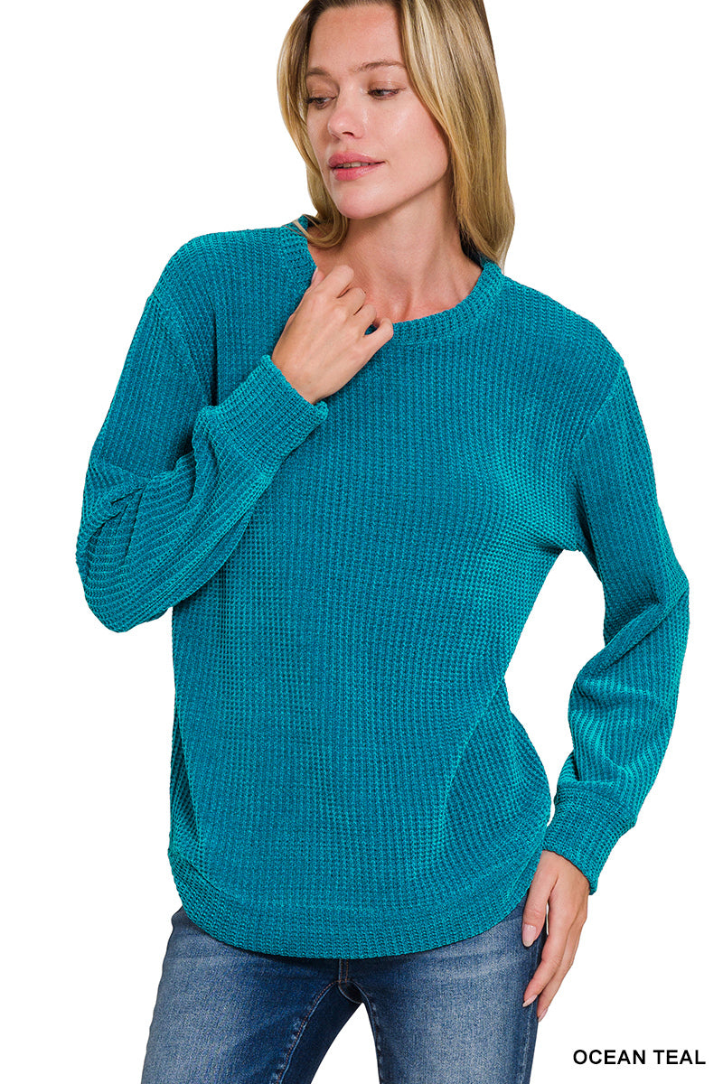 Chenille Waffle Round Neck Sweater--Ocean Teal