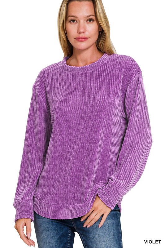 Chenille Waffle Round Neck Sweater--Violet