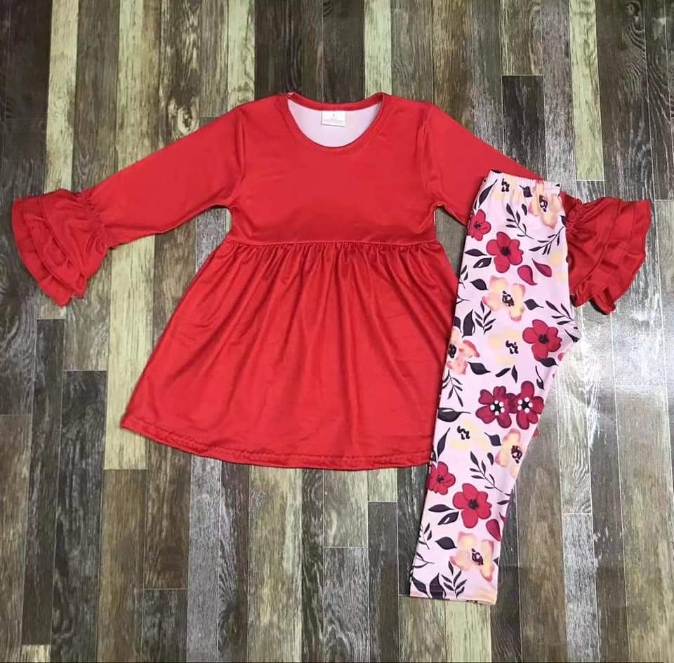 Red Ruffle sleeve Top 2/ Floral pants 2-pc set