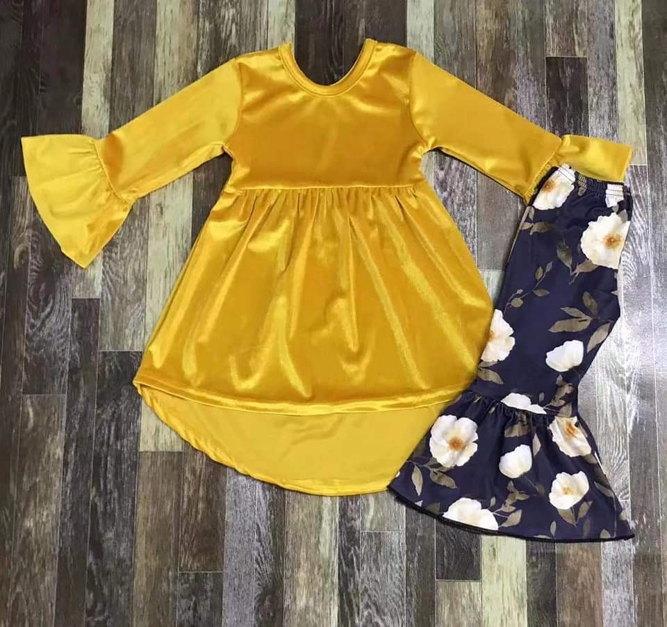 Velvet Gold tunic w/ Navy floral Bells 2-pc set