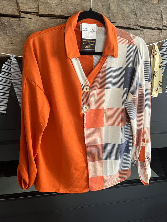 Orange Plaid Checker Print French Terry Knit Top