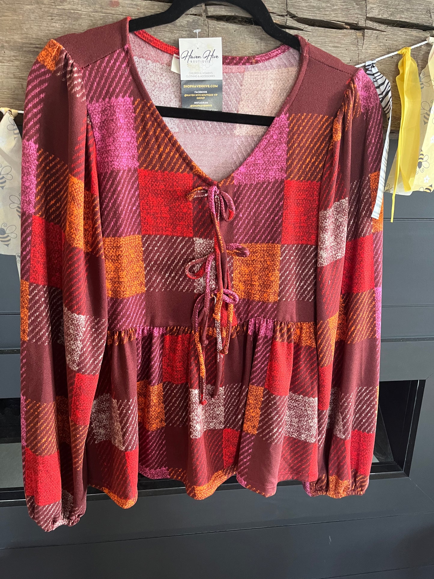 Ribbon Tie Babydoll Plaid Blouse Top