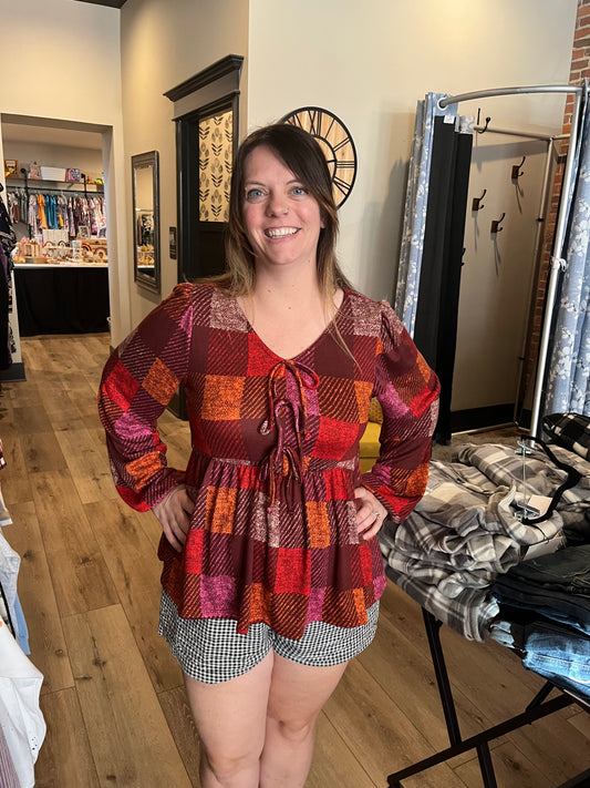 Ribbon Tie Babydoll Plaid Blouse Top