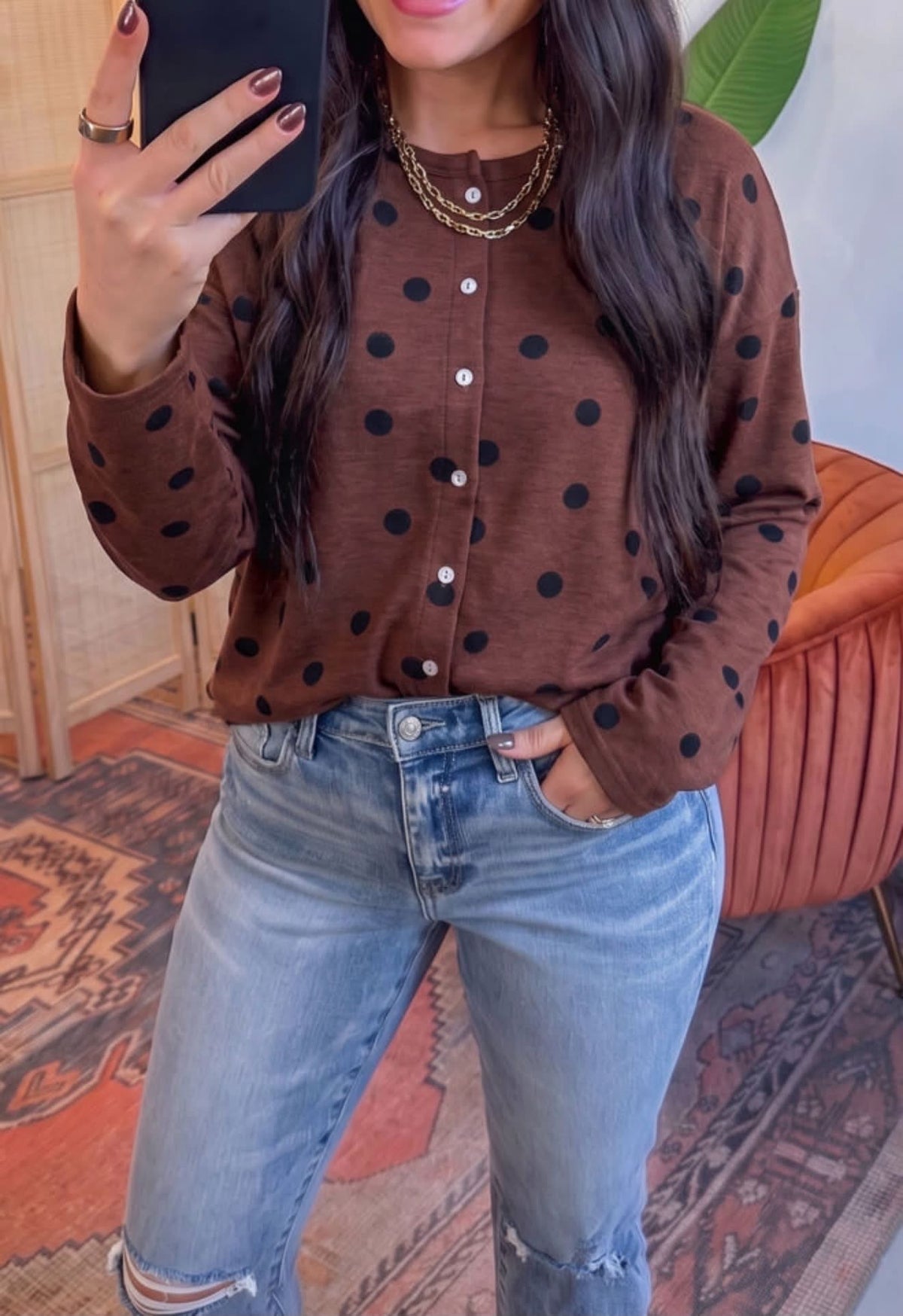 Brown Polka Dot Casual Cardigan