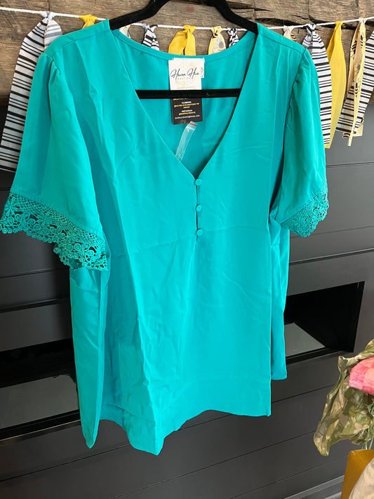 V Neck Button Front Lace Short Sleeve Blouse (Teal)