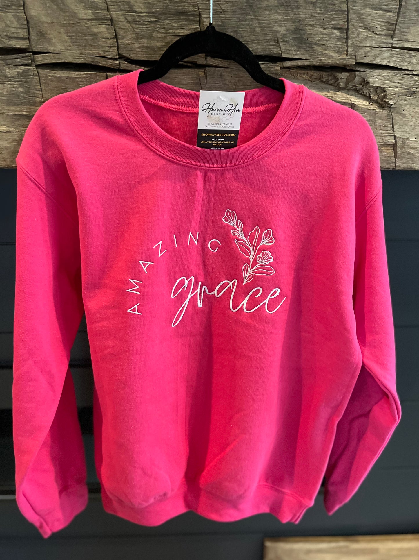 Amazing Grace Embroidered Crew--Pink/White