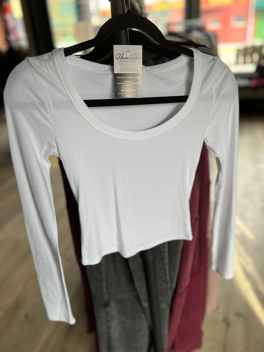 White Long Sleeve Round Neck Ribbed Cropped Tee