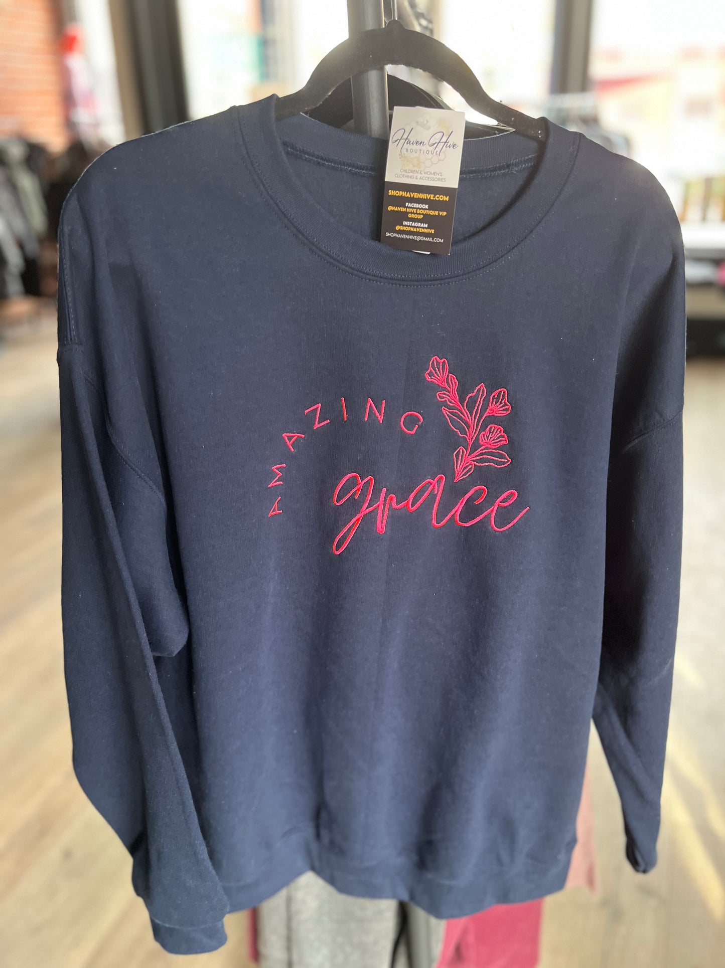 Amazing Grace Embroidered Crew--Navy/Hot Pink
