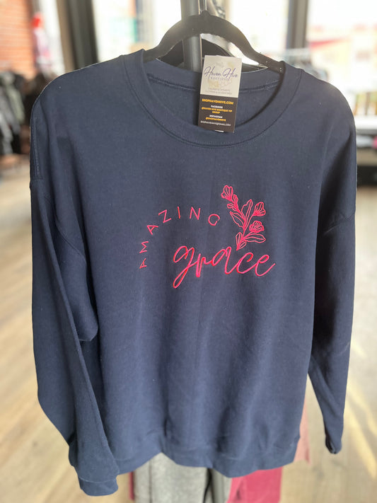 Amazing Grace Embroidered Crew--Navy/Hot Pink