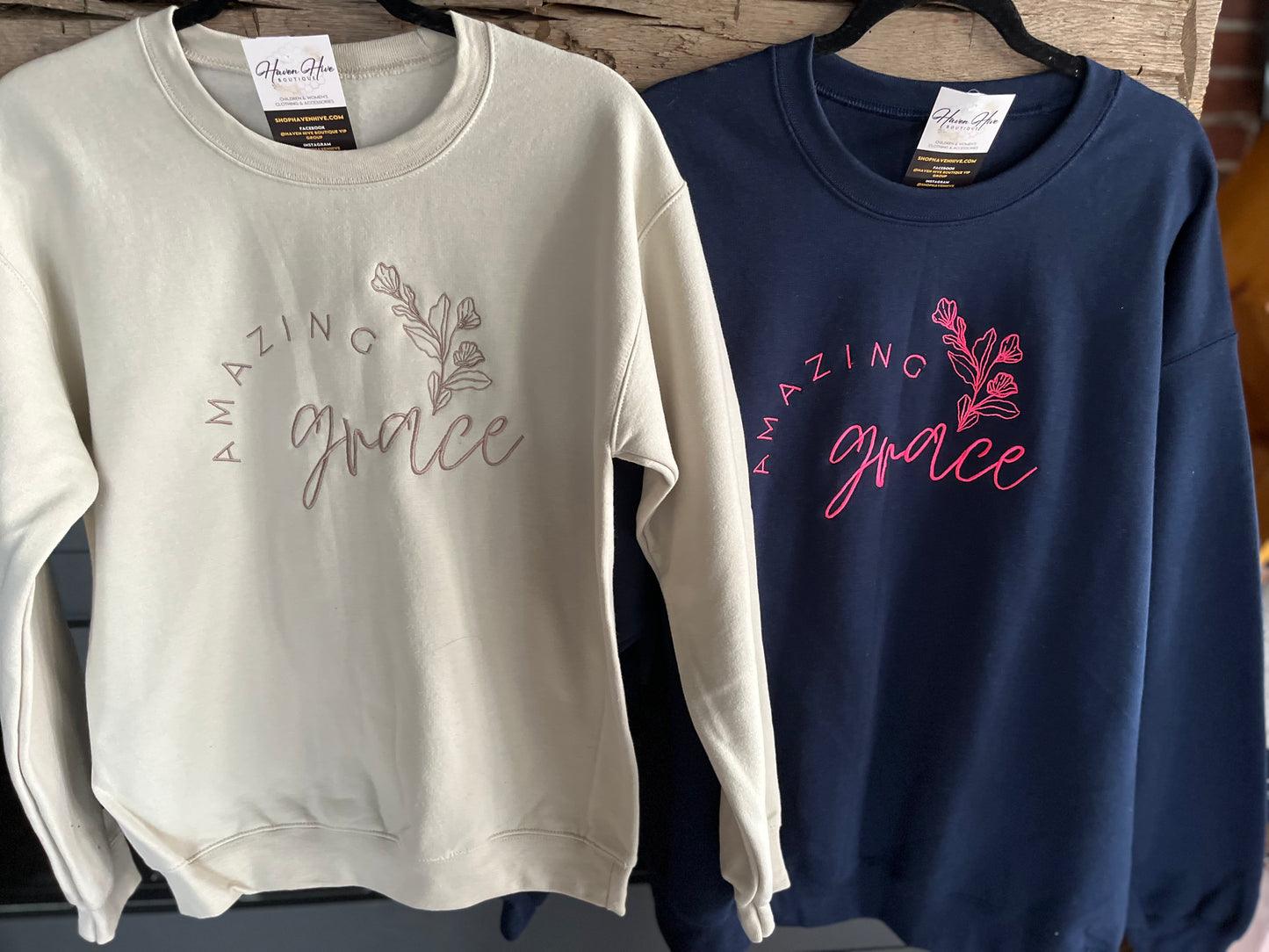 Amazing Grace Embroidered Crew--Sand/Taupe