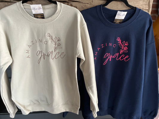 Amazing Grace Embroidered Crew--Sand/Taupe