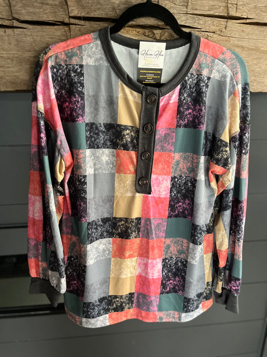 Multicolor Plaid Button Top