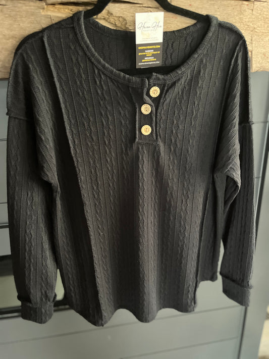 Black Textured Henley Top