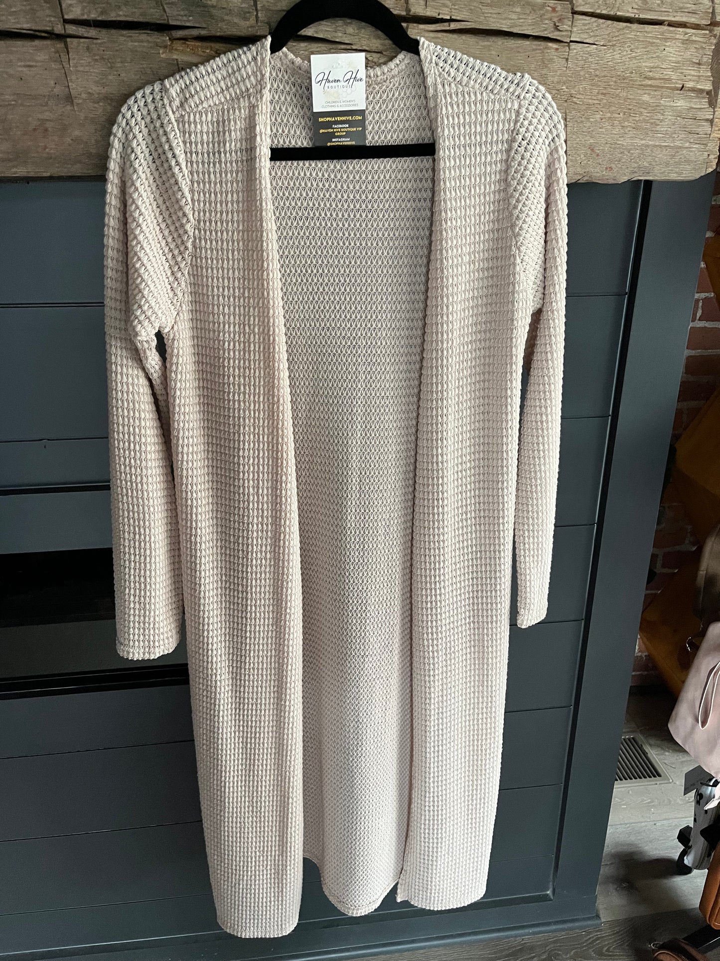 Side Slit Waffle Cardigan--Light Taupe