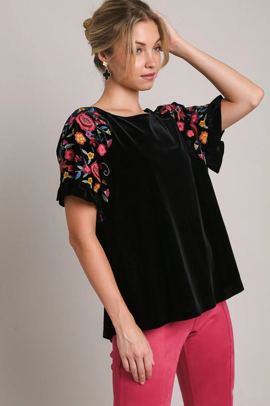 Black Velvet Sleeve Embroidered Top