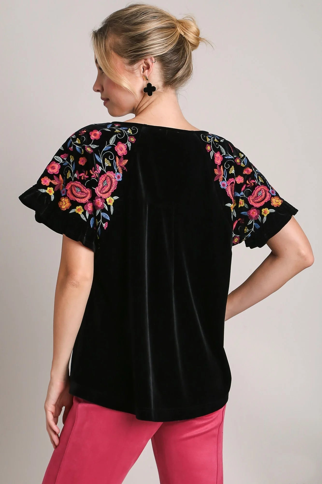 Black Velvet Sleeve Embroidered Top