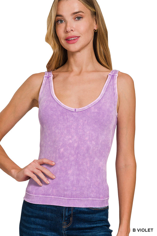 Violet V-Neck Stone Washed Ribbed Seamless Tank w/ Built-in Bra