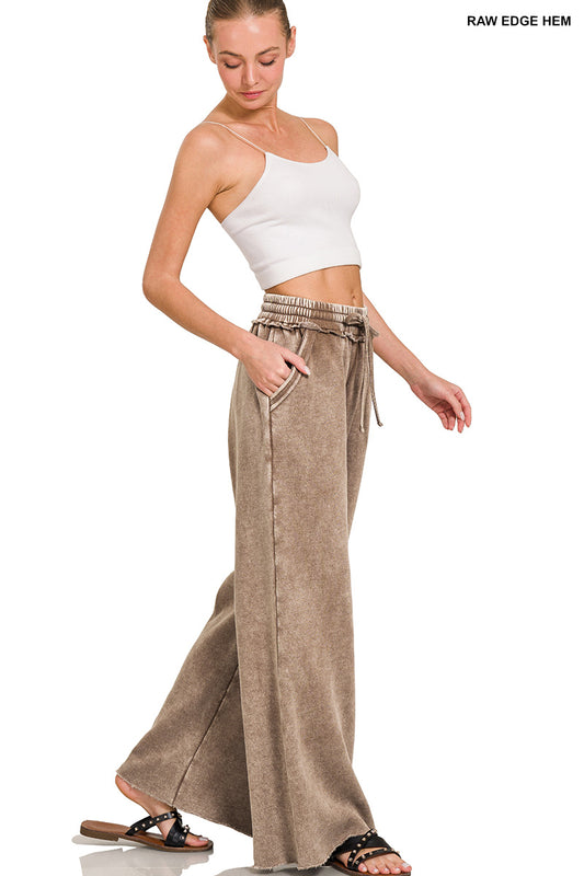 Mocha Acid Wash Fleece Palazzo Pants with Pockets