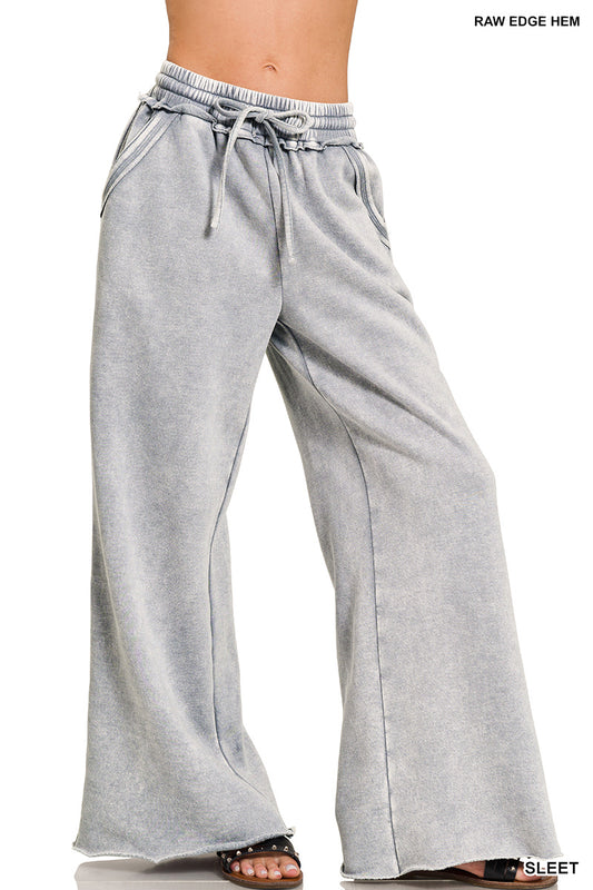 Sleet Acid Wash Fleece Palazzo Pants with Pockets