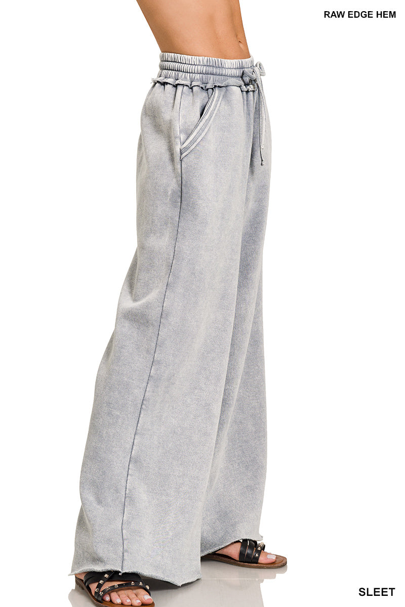 Sleet Acid Wash Fleece Palazzo Pants with Pockets