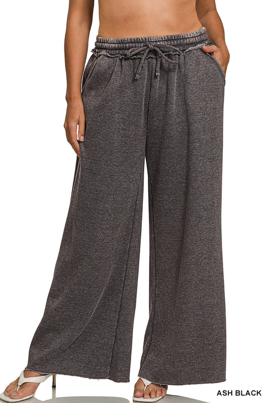 Ash Black Plus Acid Wash Fleece Palazzo Pants with Pockets