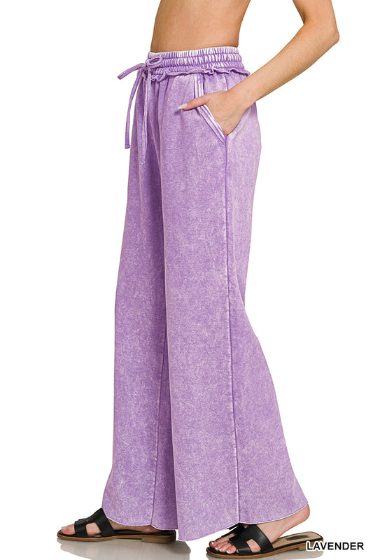 Lavender Acid Wash Fleece Palazzo Pants with Pockets