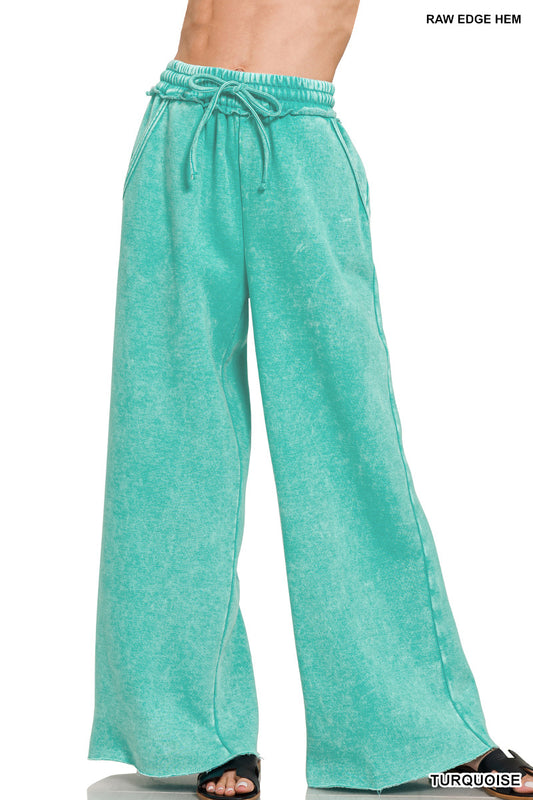 Turquoise Acid Wash Fleece Palazzo Pants with Pockets