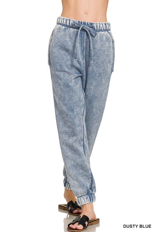 Dusty Blue Drawstring Acid Wash Sweatpants