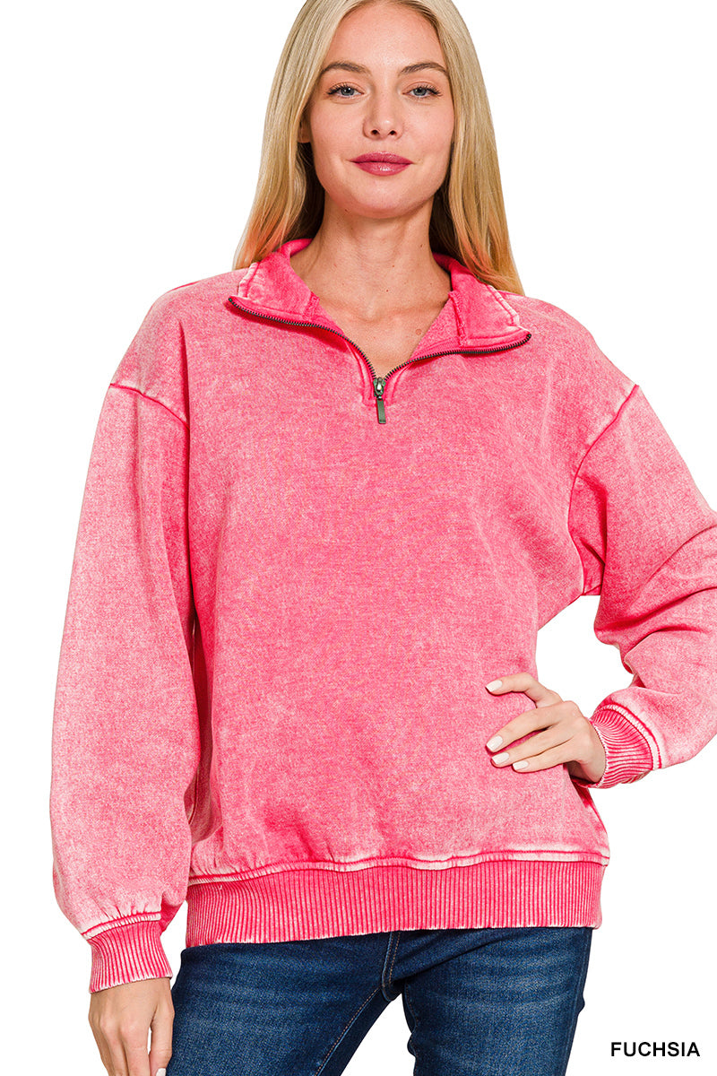 Acid Wash Fleece Half-Zip Pullover--Fuchsia