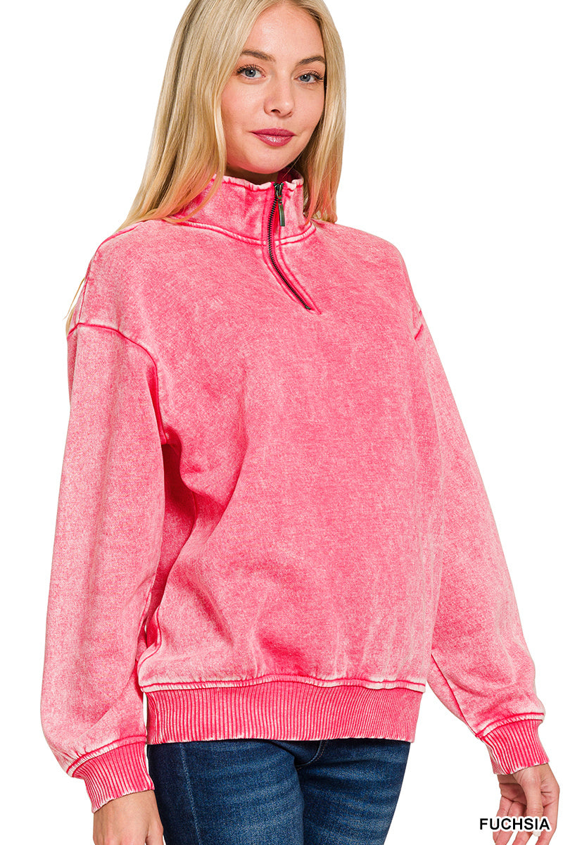 Acid Wash Fleece Half-Zip Pullover--Fuchsia