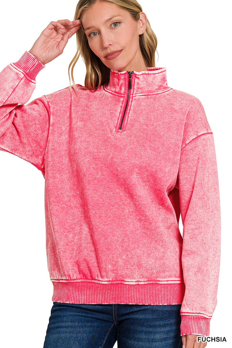 Acid Wash Fleece Half-Zip Pullover--Fuchsia