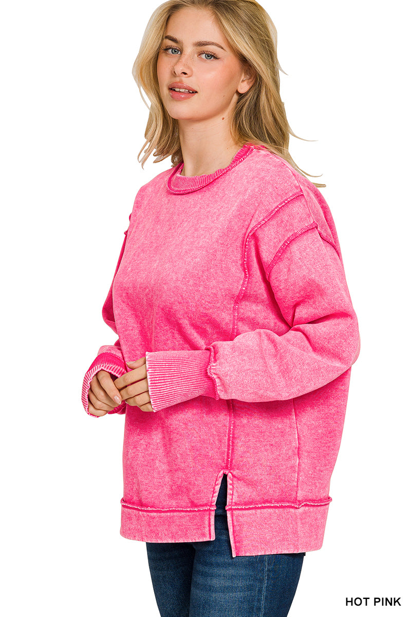 Hot Pink Acid Wash Exposed-Seam Fleece Sweatshirt