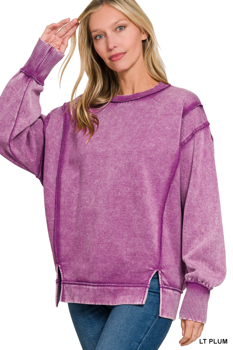 Light Plum Acid Wash Exposed-Seam Fleece Sweatshirt