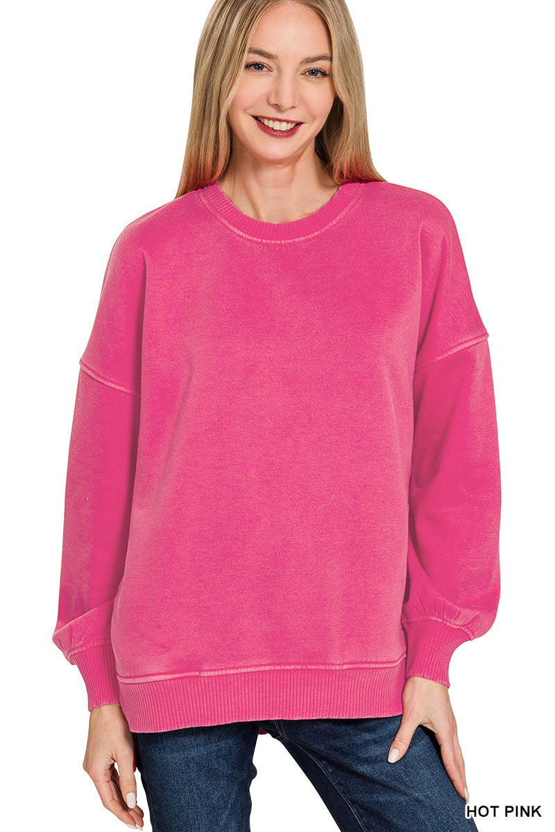 Hot Pink Hi-Low Hem Pullover With Pocket