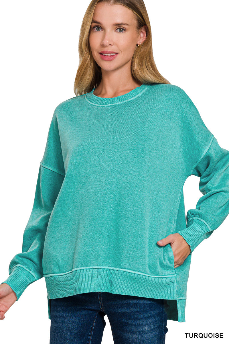 Turquoise Hi-Low Hem Pullover With Pocket