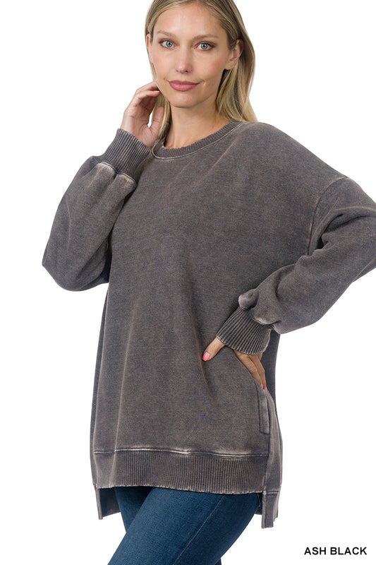 Ash Black Acid Wash Fleece Hi-Low Hem Pullover with POCKETS