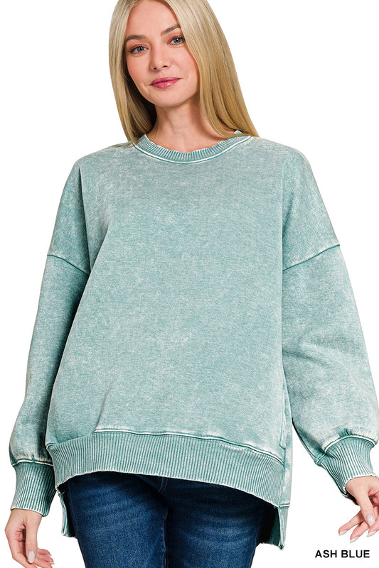 Acid Wash Fleece Hi-Low Hem Pullover (with POCKETS!)--Ash Blue
