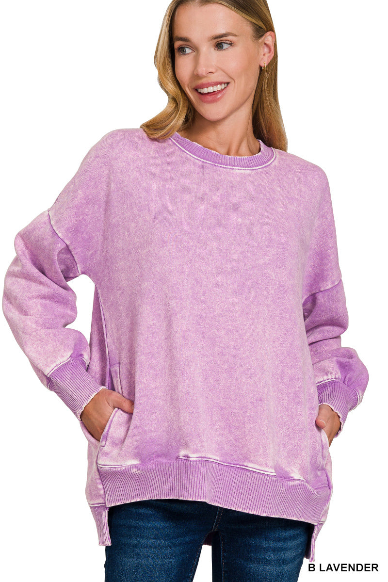 Lavender Acid Wash Fleece Hi-Low Hem Pullover with POCKETS
